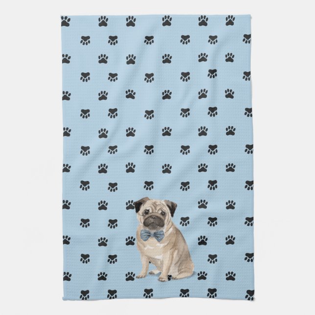 Pug Dog Paw Prints Pattern Kitchen Towel (Vertical)