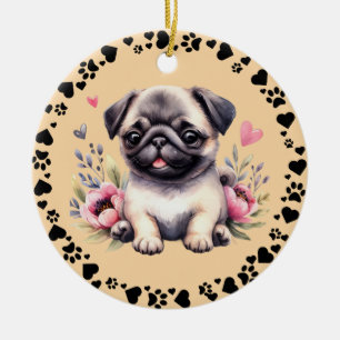 Pug Dog Paws Hearts Frame Pet Photo Tuscan Ceramic Ornament