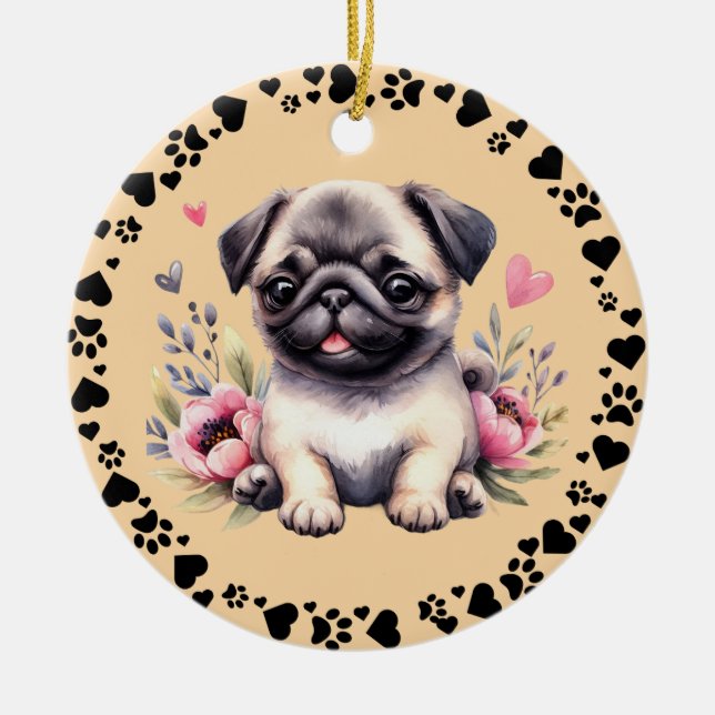 Pug Dog Paws Hearts Frame Pet Photo Tuscan Ceramic Ornament (Front)