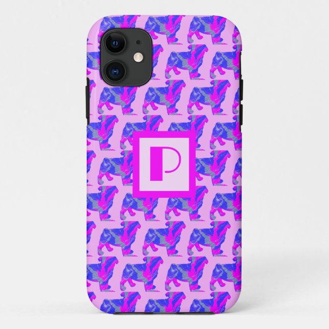 Pug Dog Pink & Blue Silhouette Monogram Case-Mate iPhone Case (Back)
