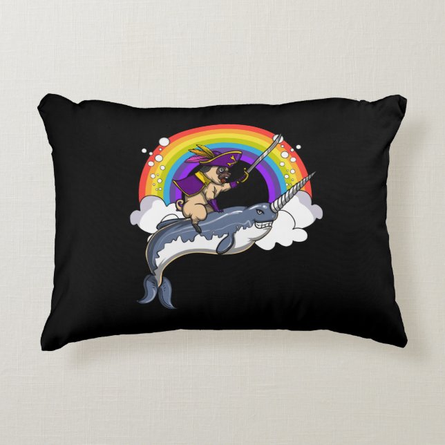 Pug Dog Pirate Riding Narwhal Fish Funny Accent Pillow (Front)