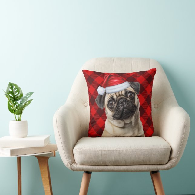 Pug Dog Red Buffalo Plaid Christmas Holiday Throw Pillow (Chair)