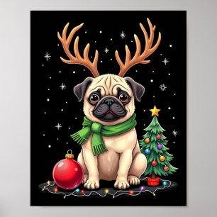 Pug Dog Reindeer Xmas Dog Lover Funny Family Chris Poster