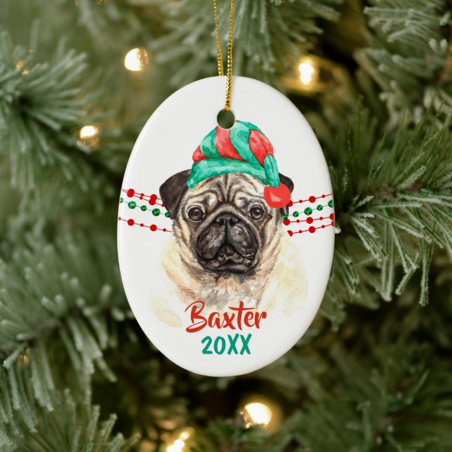 Pug Dog Santa Hat Holiday String Beads Ceramic Ornament (Tree)