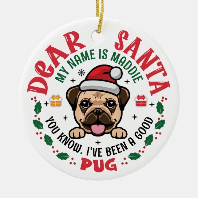Pug Dog Santa Personalized Christmas Tree Round Ceramic Ornament (Front)
