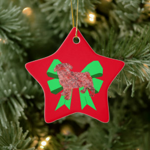 Pug Dog Silhouette Green Bow Christmas Ceramic Ornament