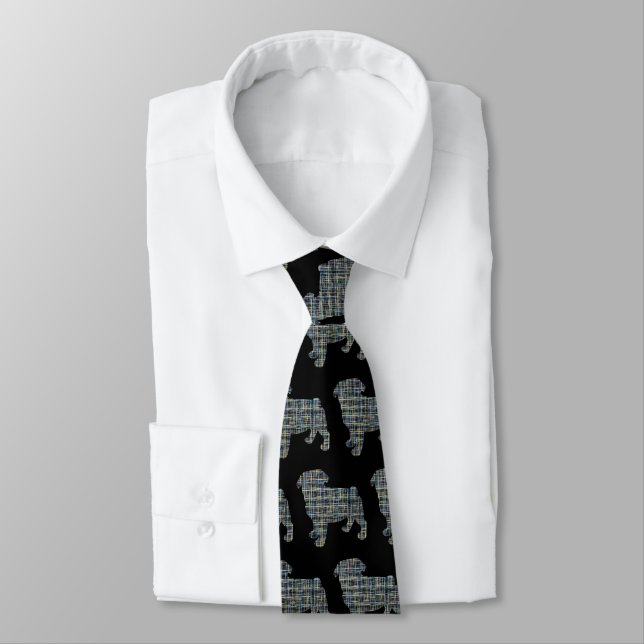 Pug Dog Silhouette Yellow & Blue Grid Black Tie (Tied)