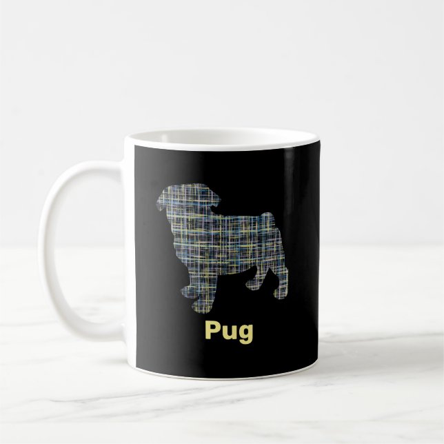 Pug Dog Silhouette Yellow & Blue Grid Coffee Mug (Left)