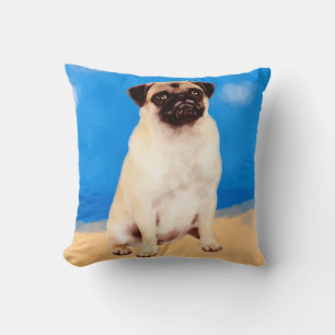 Pug Dog Sitting On Beach Throw Pillow