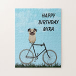 Pug Dog Sitting on Vintage Bicycle Birthday Jigsaw Puzzle<br><div class="desc">Custom pug dog sitting on a vintage bike jigsaw puzzle. You may customize it with a name or message.</div>