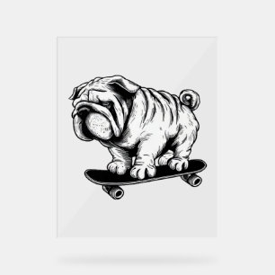 Pug dog skateboarder street art drawing acrylic sign