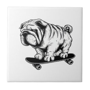 Pug dog skateboarder street art drawing tile