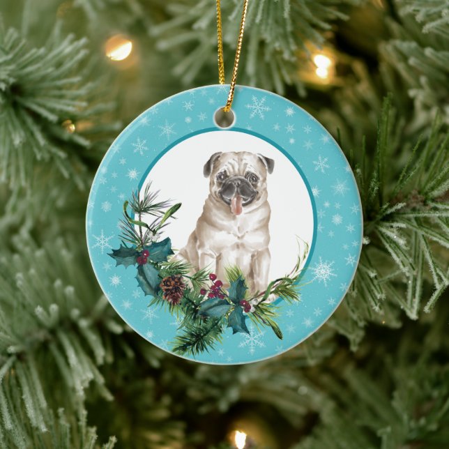Pug Dog Snowflake Blue Frame Holiday Bouquet Ceramic Ornament (Tree)