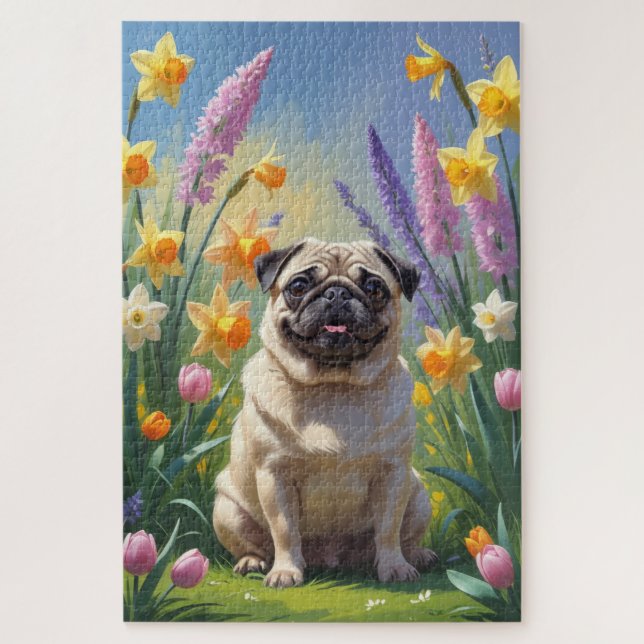 Pug Dog Spring Flowers Painting Jigsaw Puzzle (Vertical)