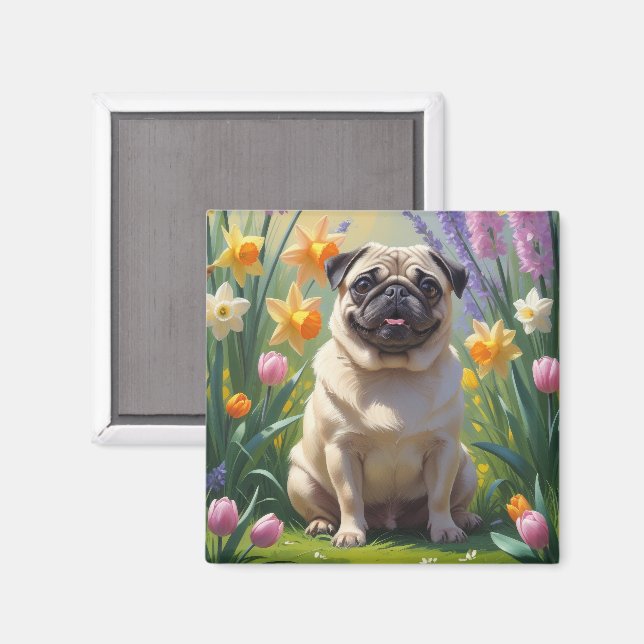 Pug Dog Spring Flowers Painting Magnet (Front/Back)