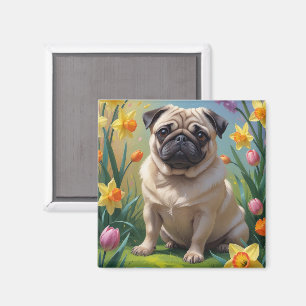Pug Dog Spring Flowers Painting Magnet