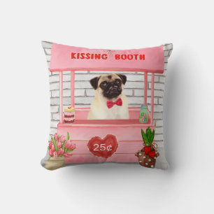 Pug Dog Valentine's Day Kissing Booth  Throw Pillow