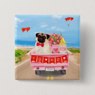 Pug Dog Valentine's Day Truck Hearts 2 Inch Square Button