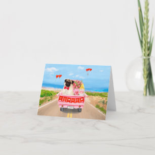 Pug Dog Valentine's Day Truck Hearts Card