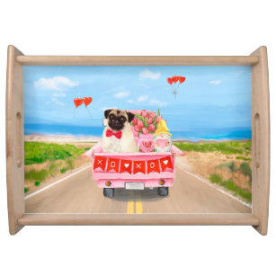 Pug Dog Valentine's Day Truck Hearts Serving Tray