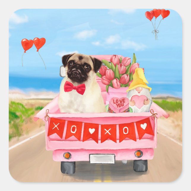 Pug Dog Valentine's Day Truck Hearts Square Sticker (Front)