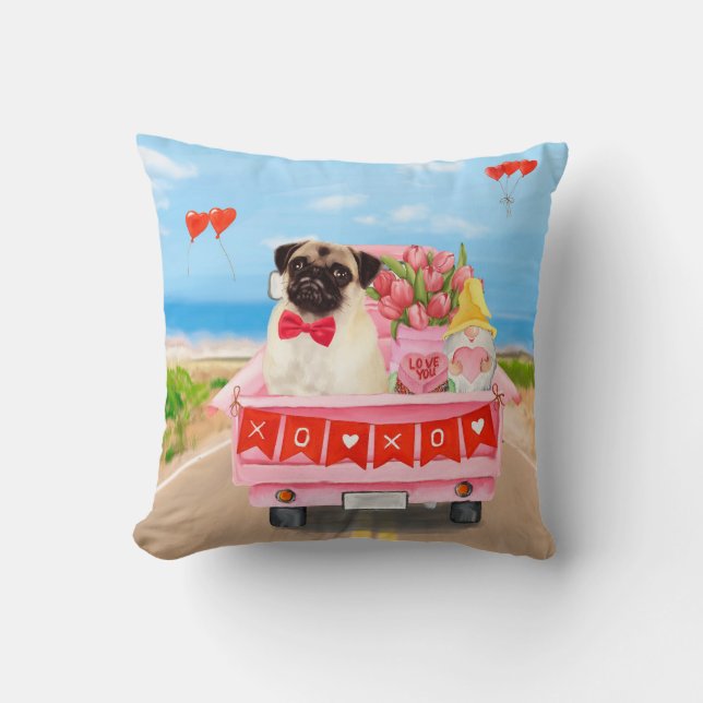 Pug Dog Valentine's Day Truck Hearts Throw Pillow (Front)