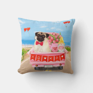Pug Dog Valentine's Day Truck Hearts  Throw Pillow