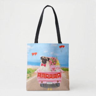 Pug Dog Valentine's Day Truck Hearts Tote Bag