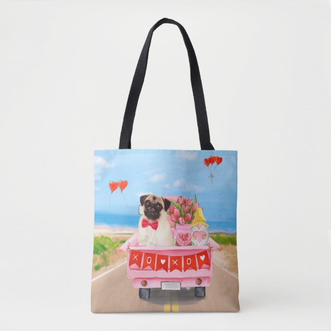 Pug Dog Valentine's Day Truck Hearts Tote Bag (Front)