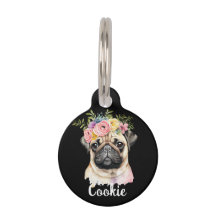 PUG Dog Watercolor Flower Round Pet Tag