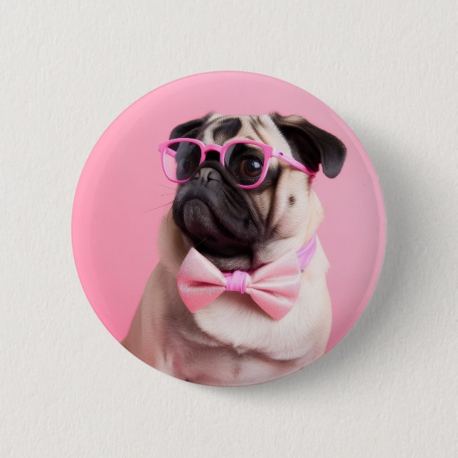 pug dog wearing bow 2 inch round button (Front)