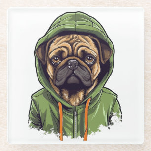 Pug Dog Wearing Green Hoodie Glass Coaster