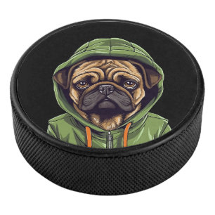 Pug Dog Wearing Green Hoodie Hockey Puck