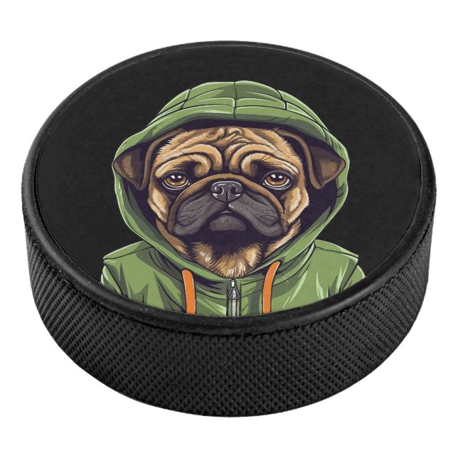 Pug Dog Wearing Green Hoodie Hockey Puck (3/4)