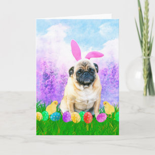 Pug Dog with Easter Eggs Bunny Chicks Holiday Card