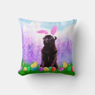 Pug Dog with Easter Eggs Bunny Chicks Throw Pillow