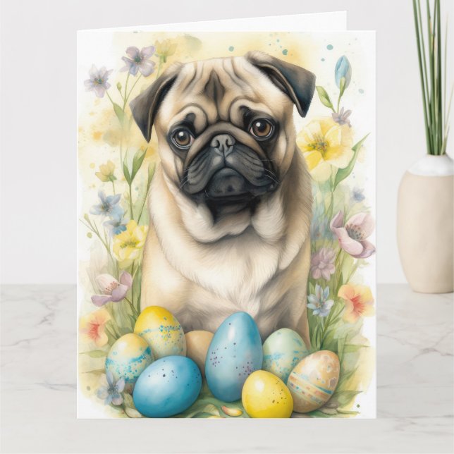 Pug Dog with Easter Eggs Holiday  Card (Front)