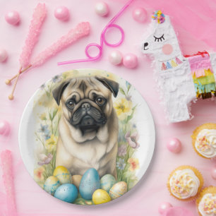 Pug Dog with Easter Eggs Holiday  Paper Plate