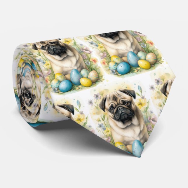 Pug Dog with Easter Eggs Holiday  Tie (Rolled)