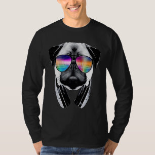 Pug dog with glasses and headphones listens to mus T-Shirt