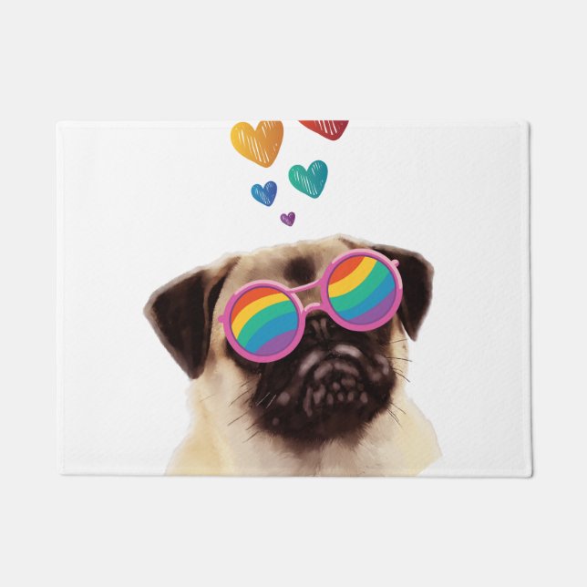 Pug Dog with Hearts Valentine's Day Doormat (Front)