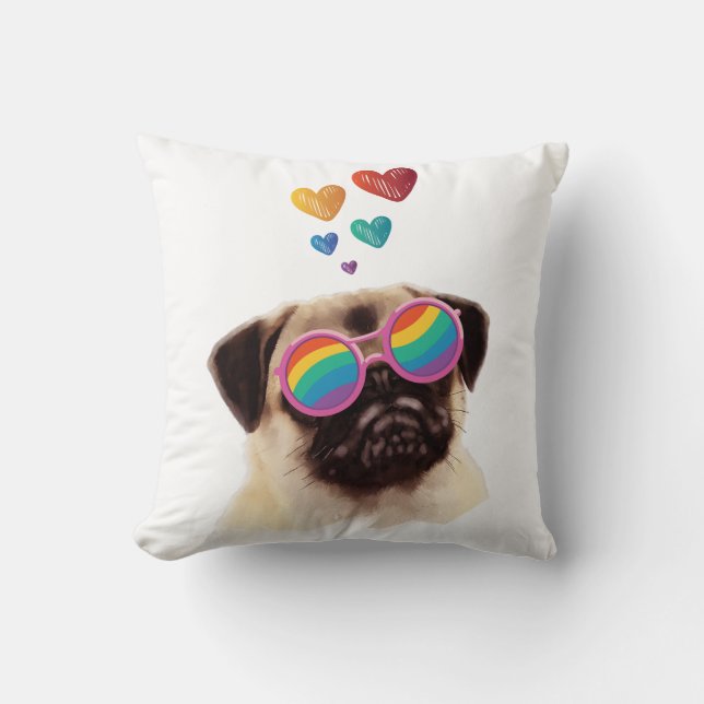 Pug Dog with Hearts Valentine's Day Throw Pillow (Front)