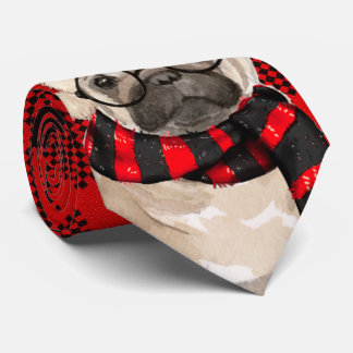 Pug Dog with Red Plaid Holiday Christmas Tie