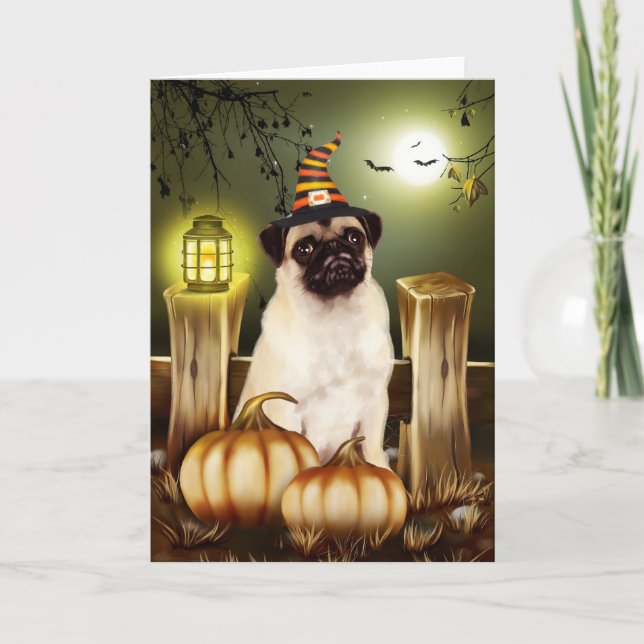 Pug Dog with Witch Hat Halloween Card (Front)