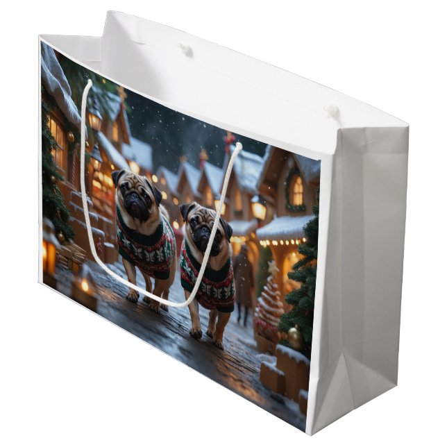 Pug Dogs Christmas Snow Holiday Large Gift Bag (Front Angled)