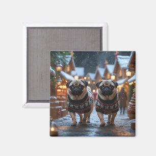 Pug Dogs Christmas Snow Holiday Magnet
