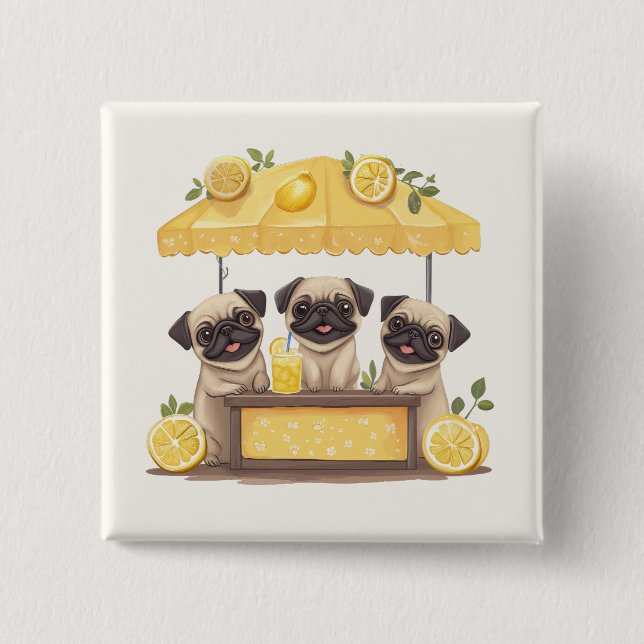 Pug Dogs Lemonade Stand 2 Inch Square Button (Front)