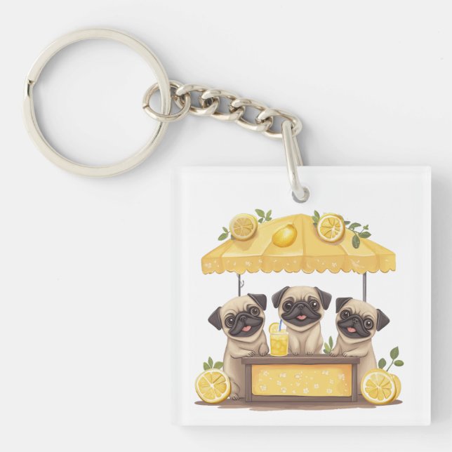 Pug Dogs Lemonade Stand Keychain (Front)