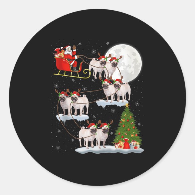 Pug Dogs Santa Sleigh Flying Funny Magical Christm Classic Round Sticker (Front)