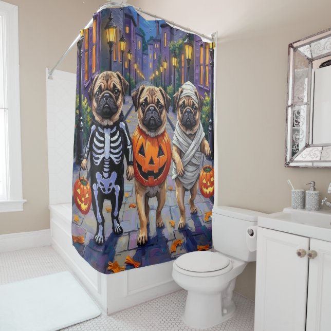 Pug Dogs Trick-or-Treating in Halloween Costumes (In Situ)